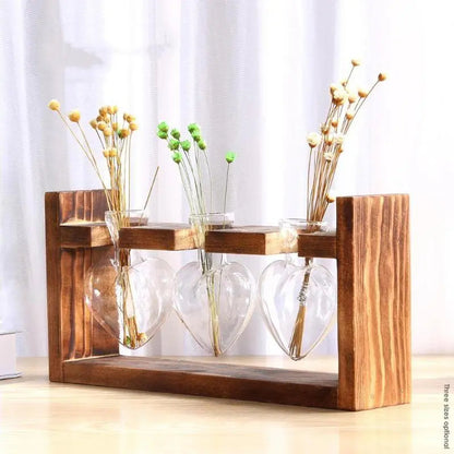 HeartBloom – Elegant Glass Propagation Vase with Wooden Base for Green Inspiration