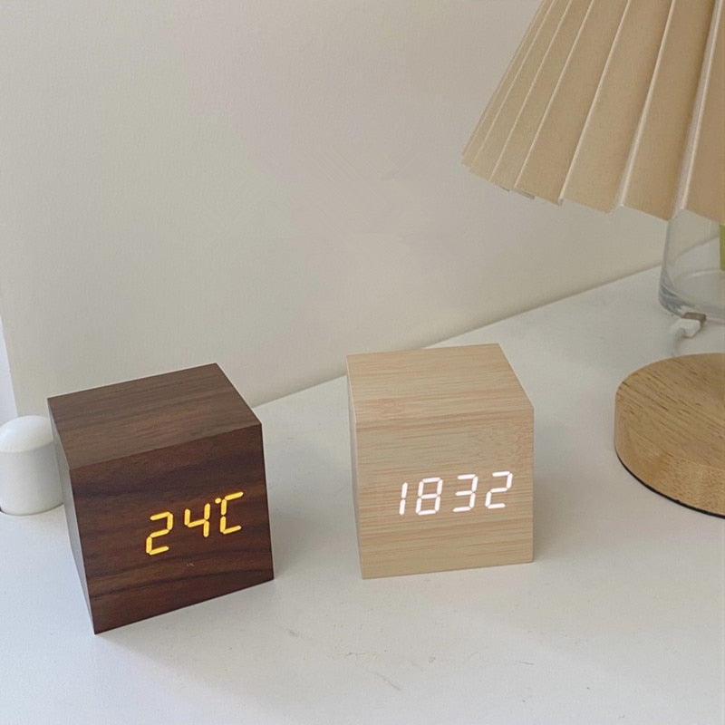 TempoWood - Digital Wooden Clock with Time, Date & Temperature