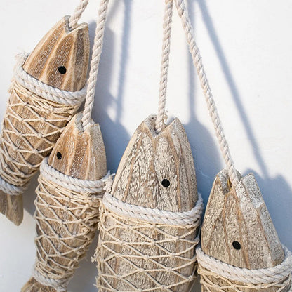 Maritime Chic – Wooden Fish Figurines with Rustic Rope Details