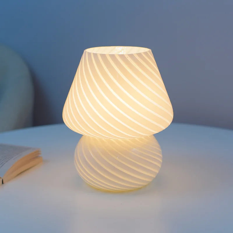 Striped Glass Mushroom LED Table Lamp - Korean-Inspired Bedside Light
