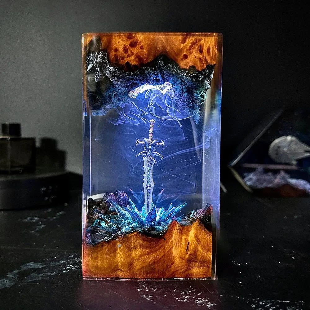 Enchanted Magic Sword Night Light — Solid Wood and Resin Art Lamp, a Unique Gift for Gamers