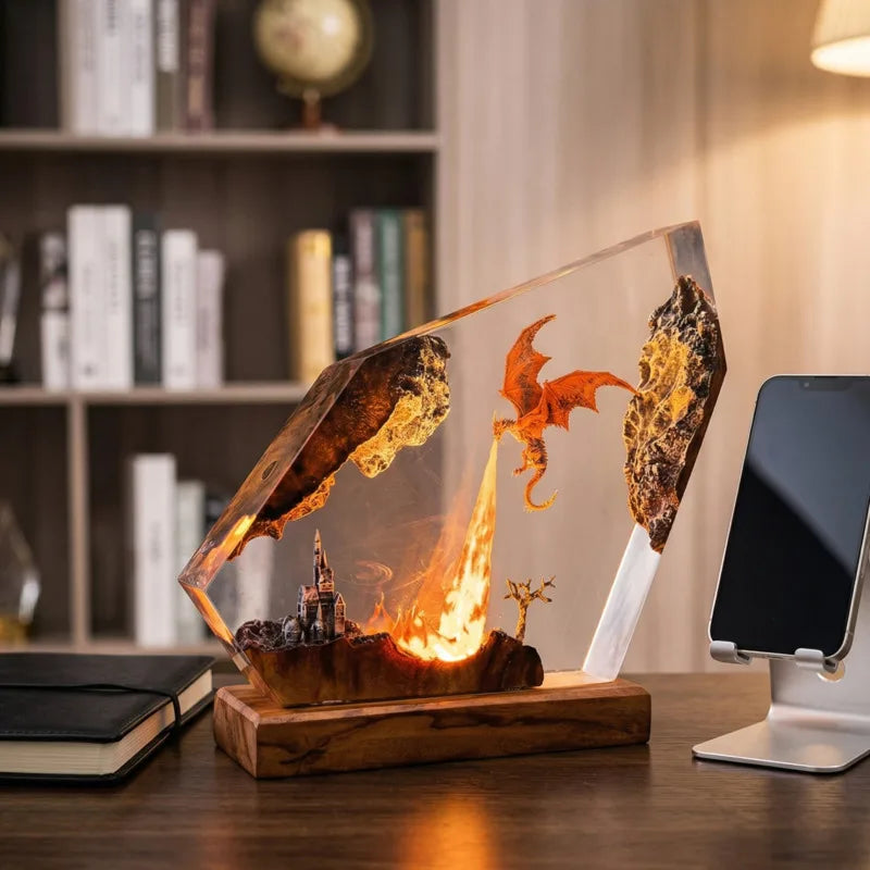 Resin Epoxy Fire Breathing Dragon Lamp Handmade Night Light For Home Table Decor Halloween Gift For Kids Teens And Fantasy Fans