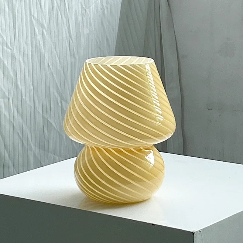 Striped Glass Mushroom LED Table Lamp - Korean-Inspired Bedside Light