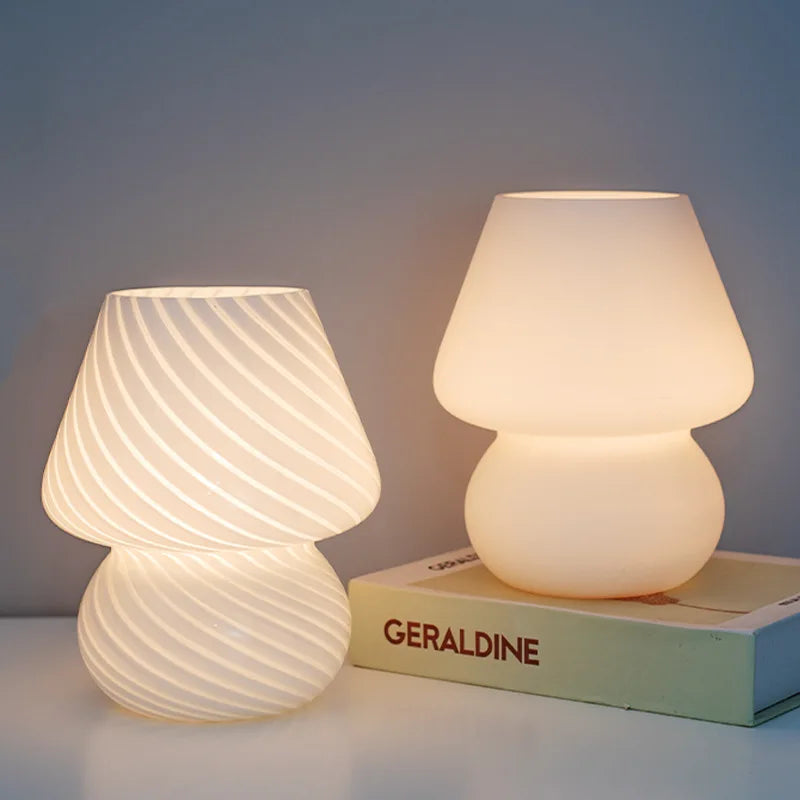 Striped Glass Mushroom LED Table Lamp - Korean-Inspired Bedside Light