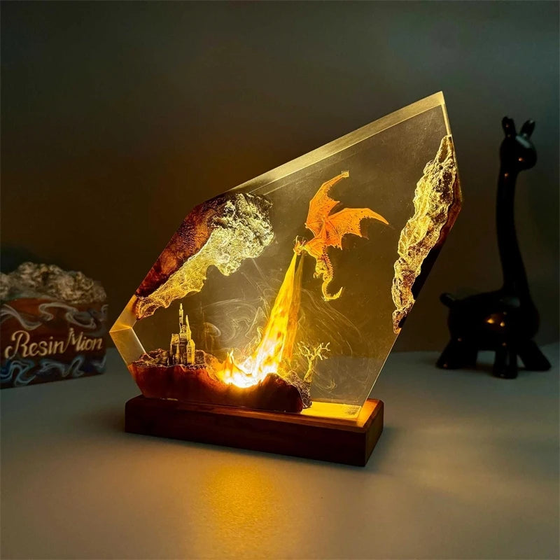 Resin Epoxy Fire Breathing Dragon Lamp Handmade Night Light For Home Table Decor Halloween Gift For Kids Teens And Fantasy Fans