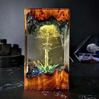 Enchanted Magic Sword Night Light — Solid Wood and Resin Art Lamp, a Unique Gift for Gamers
