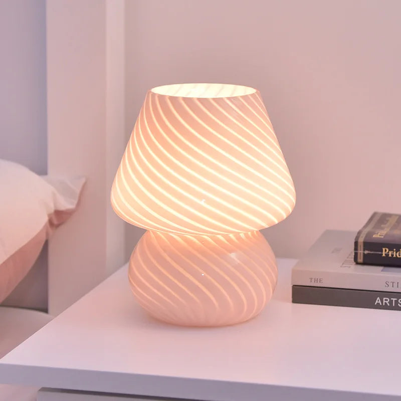 Striped Glass Mushroom LED Table Lamp - Korean-Inspired Bedside Light