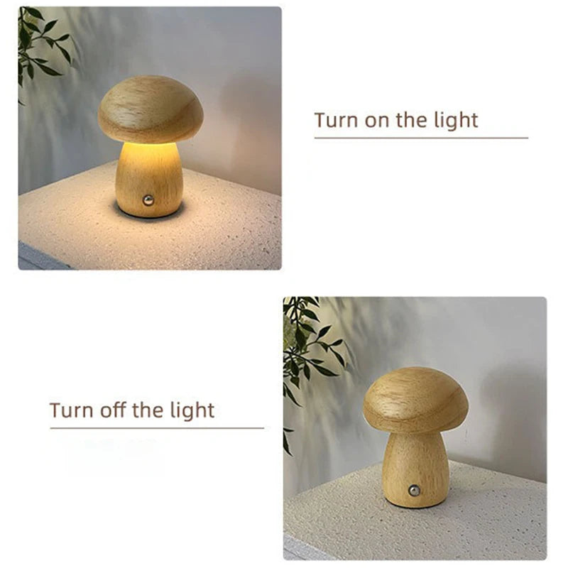 Wooden Mushroom Night Light - Walnut & Beech Touch Lamp