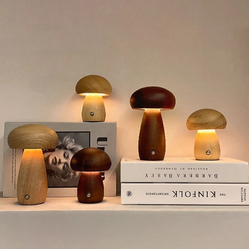 Wooden Mushroom Night Light - Walnut & Beech Touch Lamp