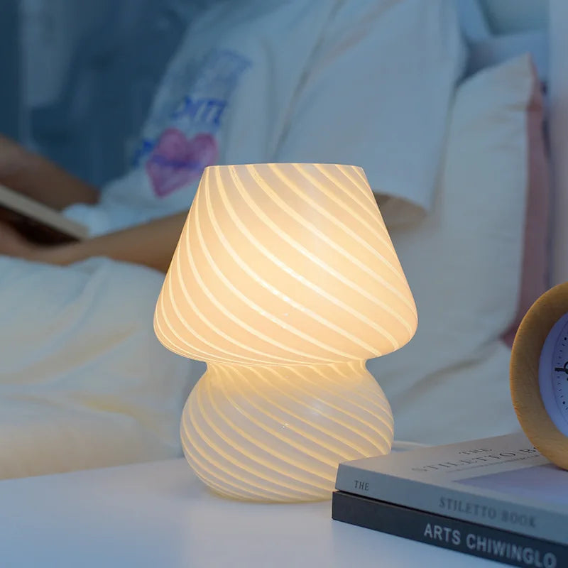 Striped Glass Mushroom LED Table Lamp - Korean-Inspired Bedside Light