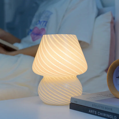 Striped Glass Mushroom LED Table Lamp - Korean-Inspired Bedside Light