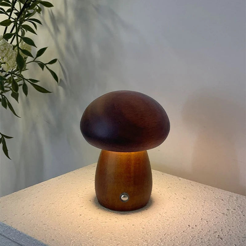Wooden Mushroom Night Light - Walnut & Beech Touch Lamp