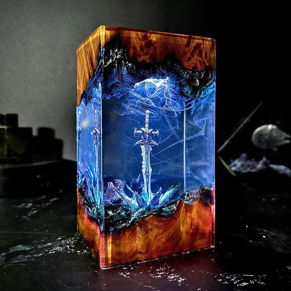 Enchanted Magic Sword Night Light — Solid Wood and Resin Art Lamp, a Unique Gift for Gamers