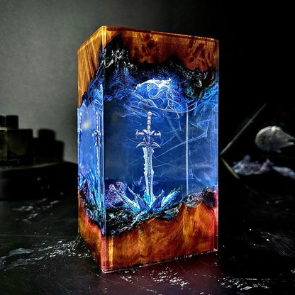 Enchanted Magic Sword Night Light — Solid Wood and Resin Art Lamp, a Unique Gift for Gamers