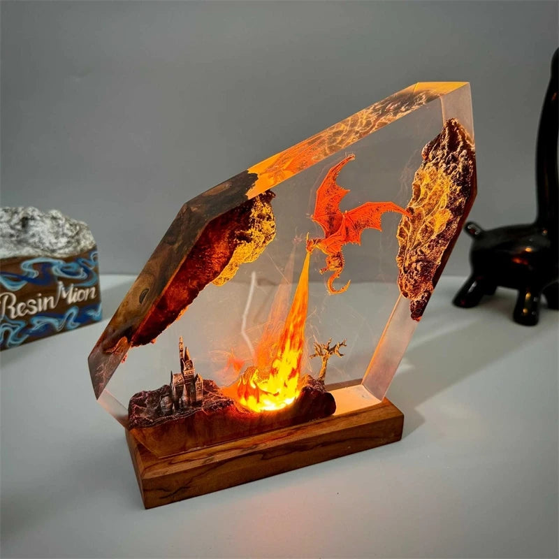 Resin Epoxy Fire Breathing Dragon Lamp Handmade Night Light For Home Table Decor Halloween Gift For Kids Teens And Fantasy Fans