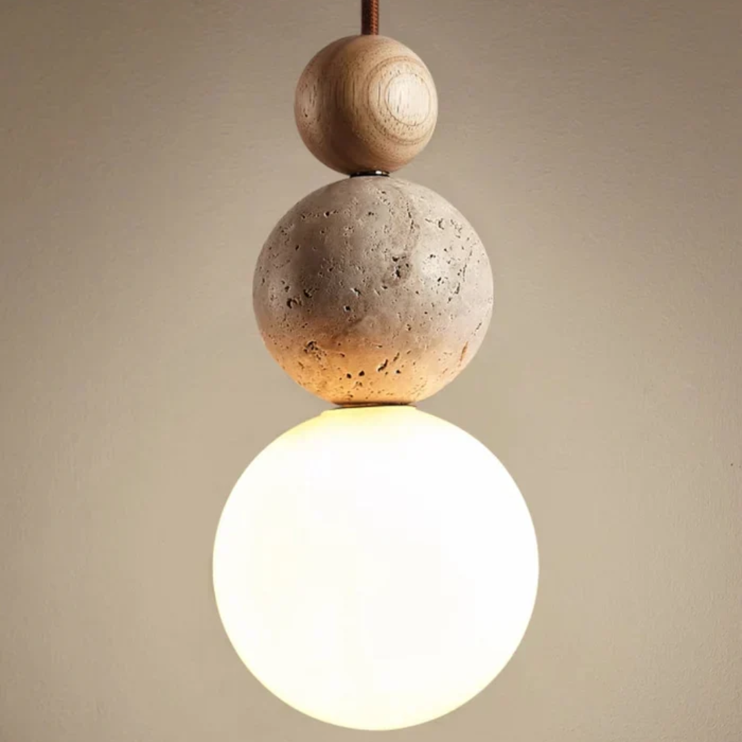 NaturaLuxe Modern Travertine & Mahogany Pendant Lamp