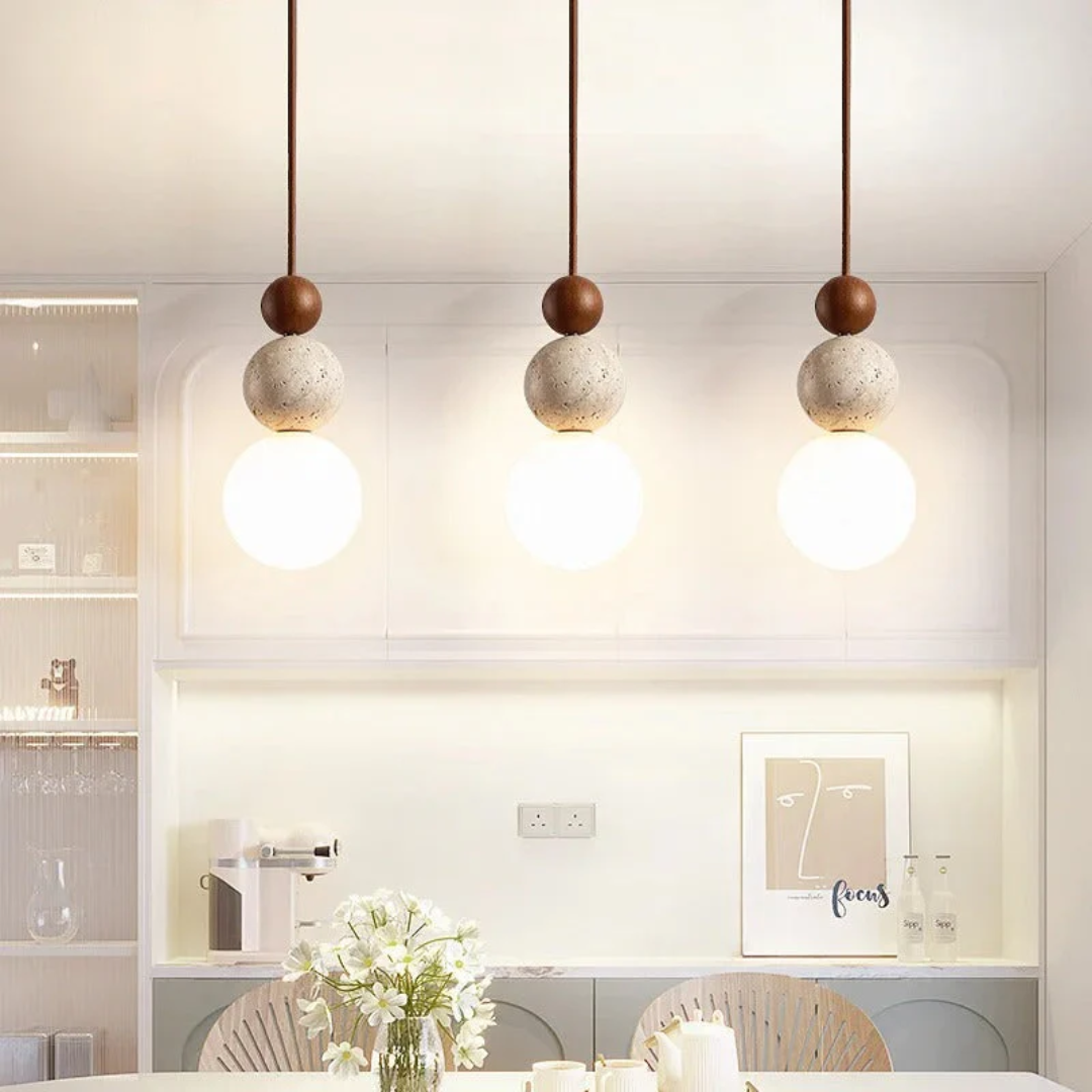 NaturaLuxe Modern Travertine & Mahogany Pendant Lamp