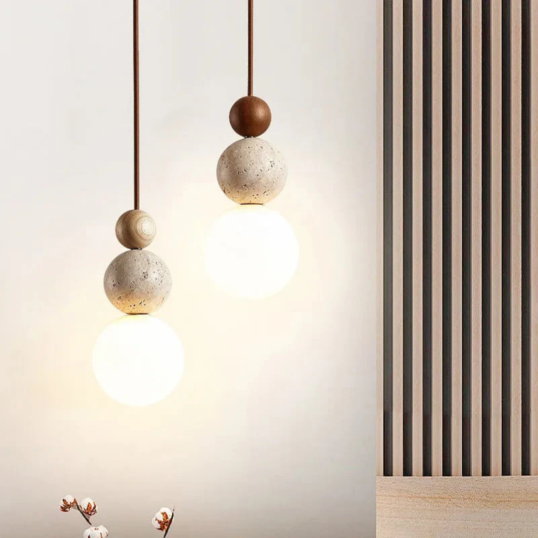 NaturaLuxe Modern Travertine & Mahogany Pendant Lamp