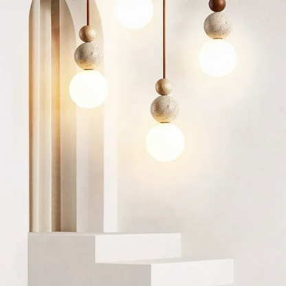 NaturaLuxe Modern Travertine & Mahogany Pendant Lamp