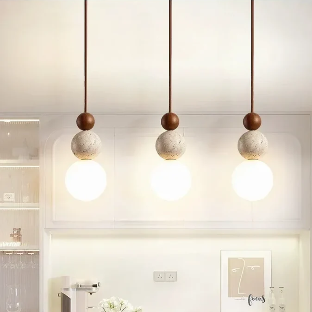 NaturaLuxe Modern Travertine & Mahogany Pendant Lamp