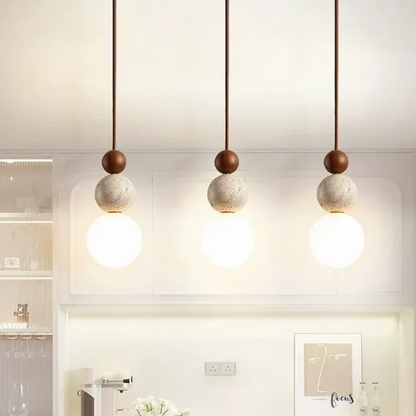 NaturaLuxe Modern Travertine & Mahogany Pendant Lamp