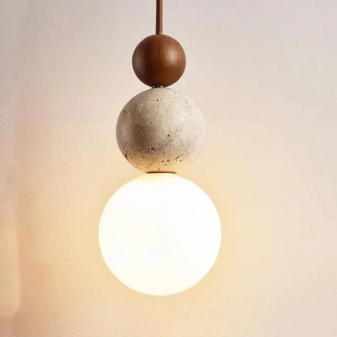 NaturaLuxe Modern Travertine & Mahogany Pendant Lamp