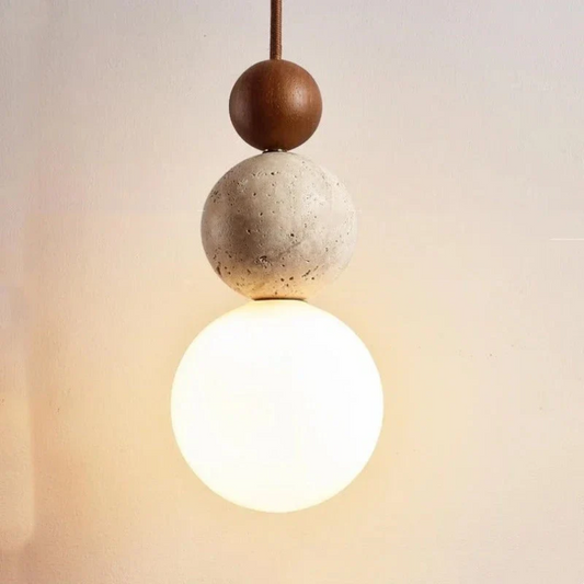 NaturaLuxe Modern Travertine & Mahogany Pendant Lamp