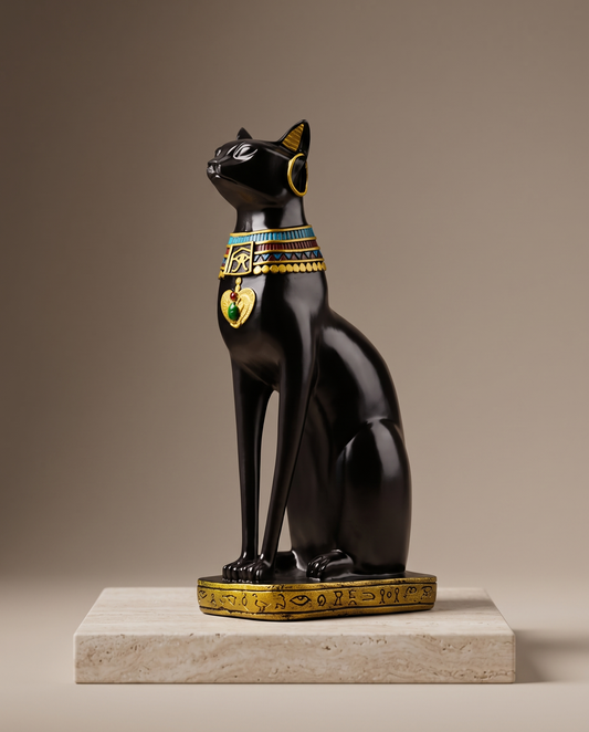 Pharaonic Egyptian cat figurine minimalist luxury hero shot