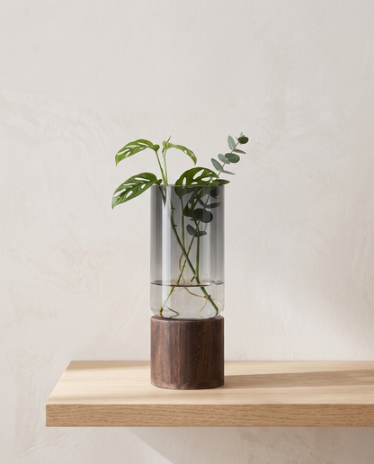 Glass vase wooden base hydroponic minimalist luxury hero shot