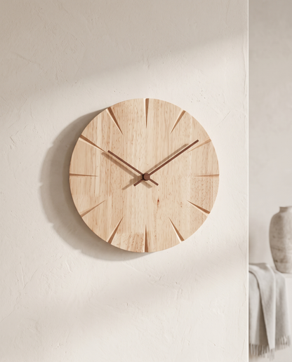 NordicTime solid wood silent wall clock luxury hero shot