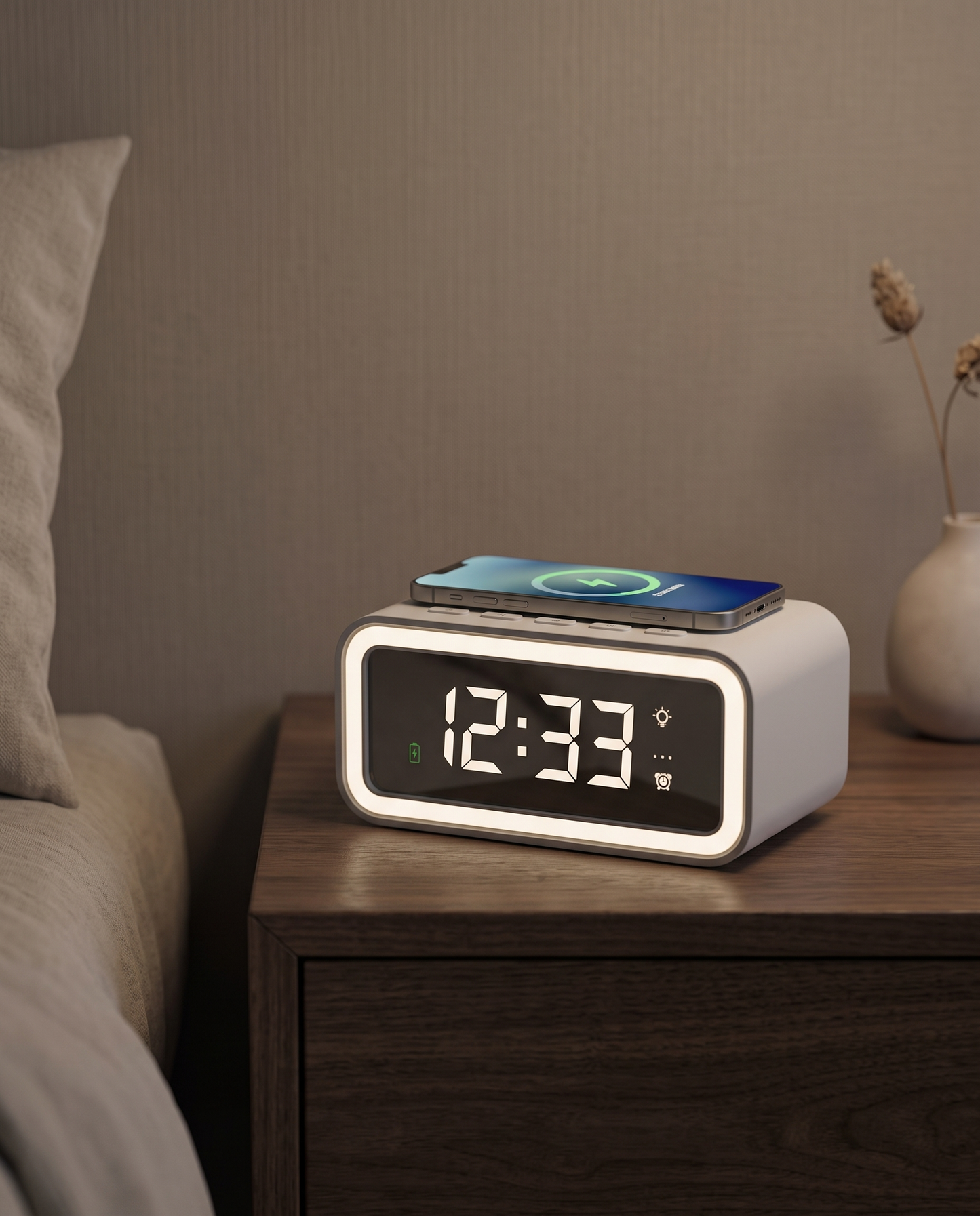 SmartGlow digital alarm clock wireless charger luxury hero shot