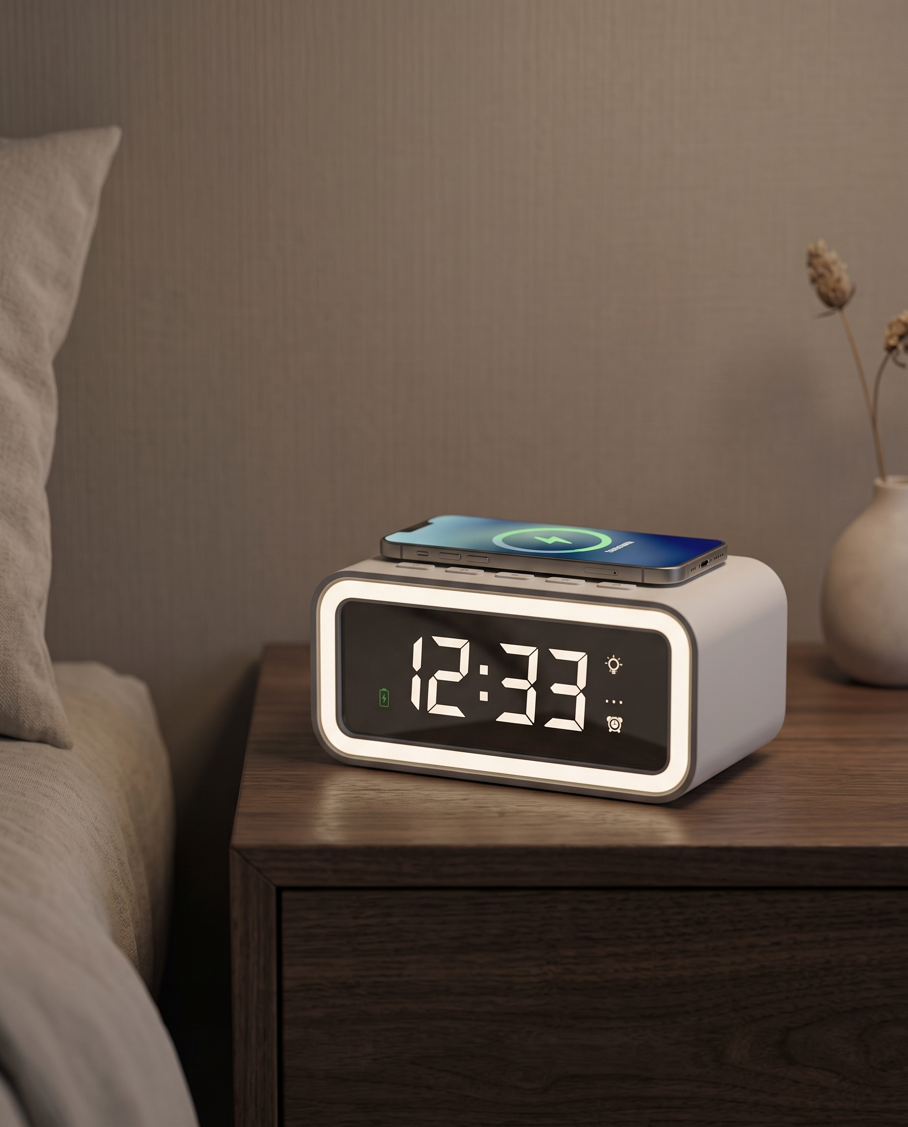 SmartGlow digital alarm clock wireless charger luxury hero shot