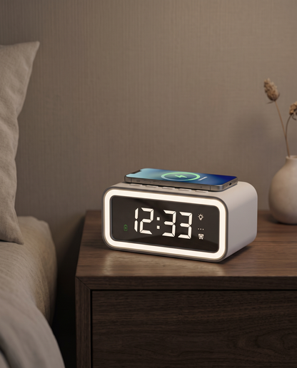 SmartGlow digital alarm clock wireless charger luxury hero shot
