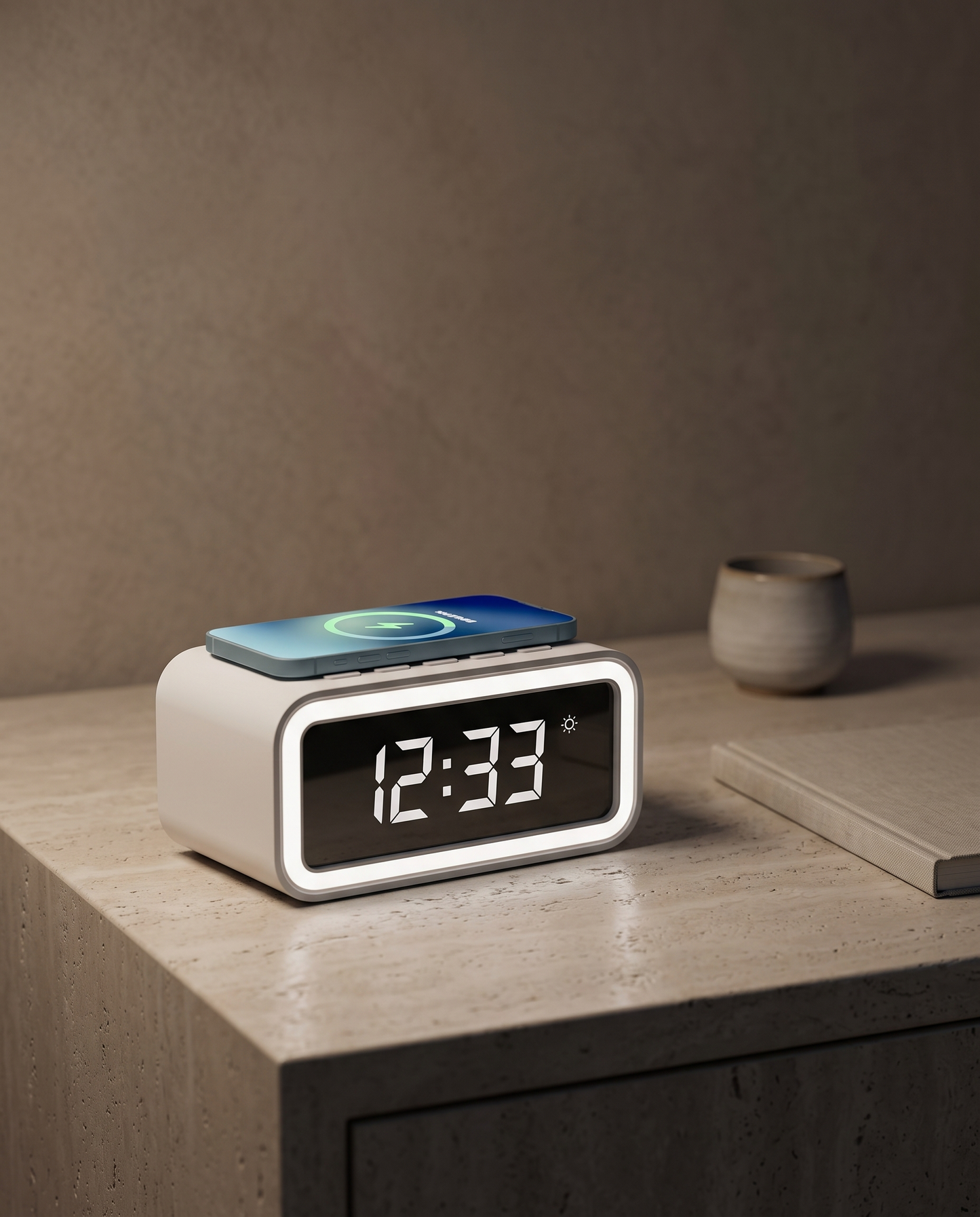 SmartGlow digital alarm clock QI charger luxury hero shot