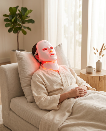 7 colour LED facial mask worn in use lifestyle wellness shot