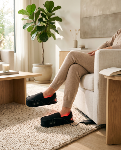 Red light infrared therapy slippers worn in use lifestyle wellness shot
